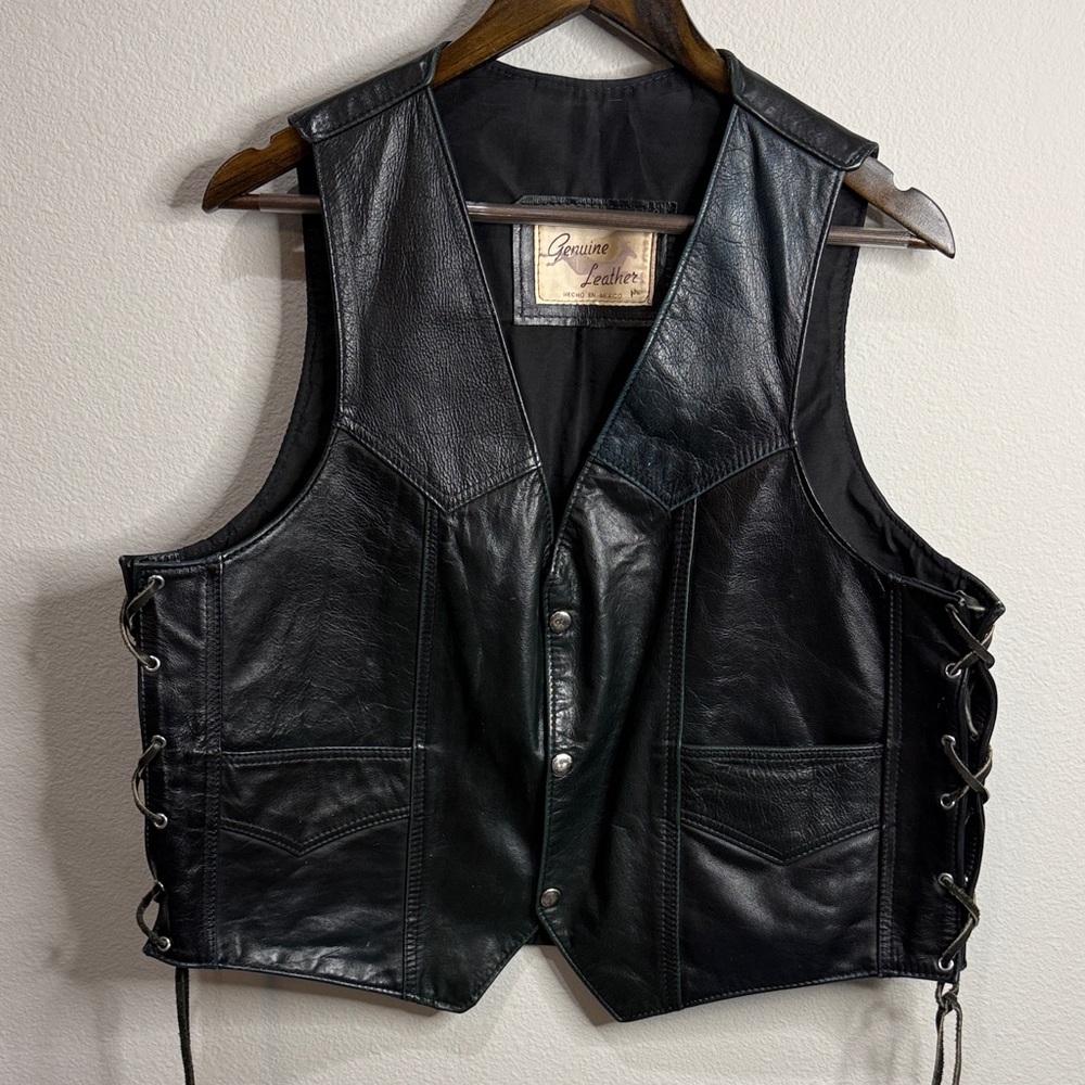 Genuine Leather Black Handmade Moto Biker Vest Chest 44"